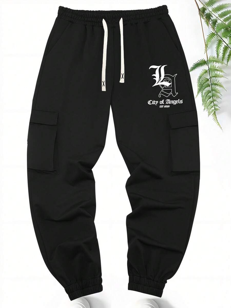 2-Pack Men's Spring And Autumn New Sweatpants, Letter Printed Casual Sports Pants, Regular Plus Size, Elastic Waist Drawstring, Men's Cargo Cuffed Joggers - Multicolor - View 1
