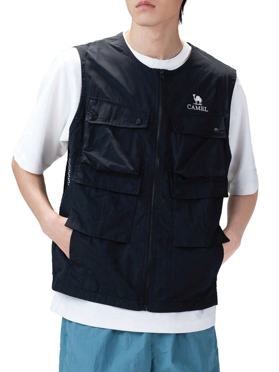 CAMEL CROWN Chaleco de verano para hombre para exteriores, transpirable, con protección solar, delgado, estilo de ropa de trabajo. - Fantasma negro - Ver 1