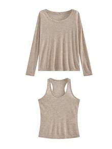 2pcs/Set Long Sleeve T-Shirt & Tank Top, Thin Casual Loose Versatile - Khaki - View 6