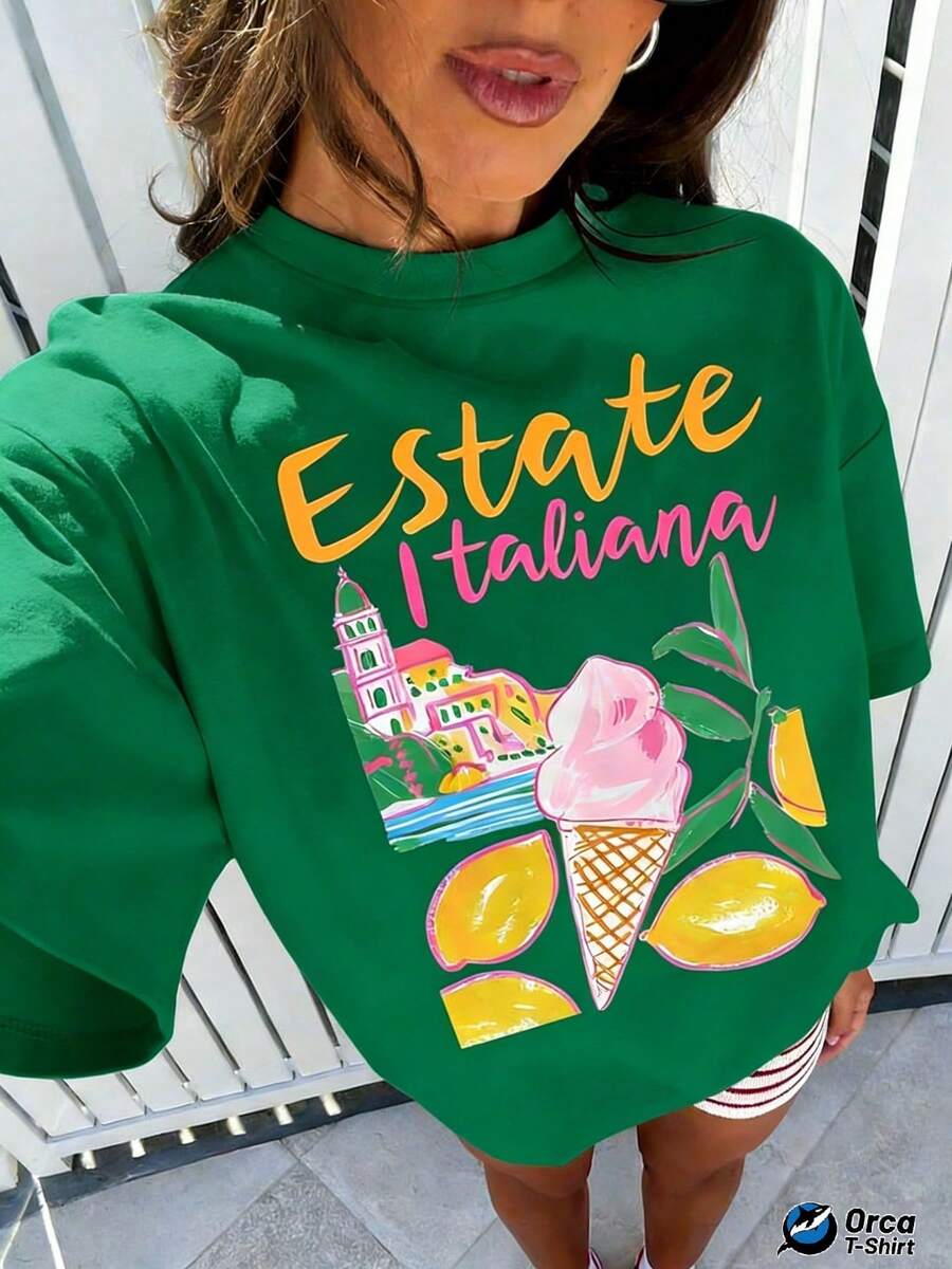 Women's Casual Holiday T-Shirt With An "Italian Summer" Print Featuring Italian Summer Gelato And Lemon Architecture. Regular Fit T-Shirt Made From 100% Cotton, 180 Gsm Fabric. Brand: Orca. Suitable For Casual Wear, Outdoor Activities, Sports, Vacations, Gifts, And Other Occasions. Plus Size T-Shirt Suitable For Everyday Wear And Outings. - 綠色 - 查看 1