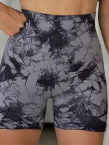 3 Pack High Waisted Tie Dye Workout Shorts For Women, Seamless Bum Scrunch Yoga Shorts Tummy Control Compression Shorts - 黑色灰色玫紅色 - 查看 8