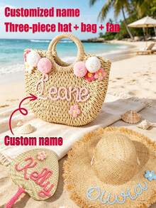 Bộ 3 món: Mũ in tên theo yêu cầu + Túi + Quạt, Mũ rơm phong cách Bohemian dành cho nữ, Mũ rộng vành đi biển, Có thể gấp gọn, Viền dệt mềm mại, Thích hợp làm đồ trang trí du lịch, kỳ nghỉ hè, Mềm mại, nhẹ, thoáng khí, Thời trang, Unisex, Thường ngày, Có thể tùy chỉnh, Cá nhân hóa, Độc đáo, Làm theo yêu cầu, Quà tặng lý tưởng cho nam, Quà tặng lý tưởng cho nữ, Bạn trai, Bạn gái, Phụ kiện tóc cho nữ, Bộ sưu tập mùa xuân, Phong cách biển - Màu be - Xem 1