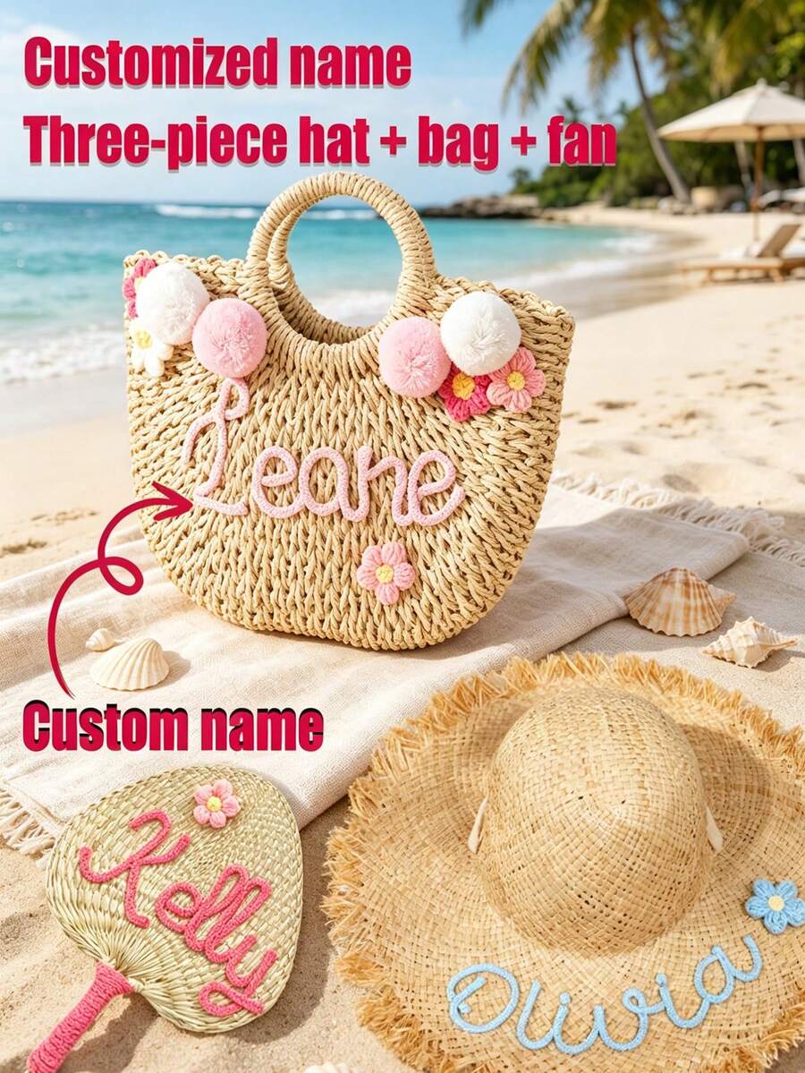 Bộ 3 món: Mũ in tên theo yêu cầu + Túi + Quạt, Mũ rơm phong cách Bohemian dành cho nữ, Mũ rộng vành đi biển, Có thể gấp gọn, Viền dệt mềm mại, Thích hợp làm đồ trang trí du lịch, kỳ nghỉ hè, Mềm mại, nhẹ, thoáng khí, Thời trang, Unisex, Thường ngày, Có thể tùy chỉnh, Cá nhân hóa, Độc đáo, Làm theo yêu cầu, Quà tặng lý tưởng cho nam, Quà tặng lý tưởng cho nữ, Bạn trai, Bạn gái, Phụ kiện tóc cho nữ, Bộ sưu tập mùa xuân, Phong cách biển - Màu be - Xem 1