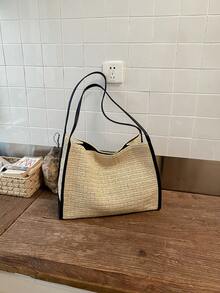 女款休閒時尚托特包，大容量度假海灘包，單肩包，撞色旅行草編編織包，質感時尚通勤包 - 米色 - 查看 4