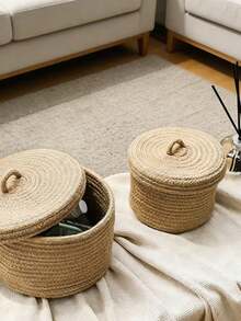 1pc/2pcs Handmade Woven Storage Basket, Home Decor Woven Basket, Suitable For Desk, Bedroom, Living Room, Bathroom, Study And Nightstand. Perfect For Storing Remote Controls, Cosmetics, Toys And Bathroom Essentials. Seaside Straw Rattan Woven Storage Basket - Multicolor - View 4