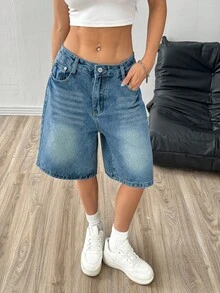 美式復古水洗做舊牛仔短褲 女款夏季寬鬆休閒百搭寬腿五分褲 - 深色水洗藍 - 查看 2