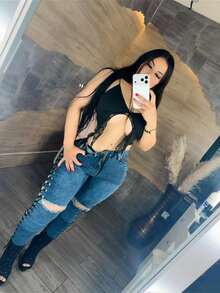 Eyelet Jeans Sexy Elegant Casual Denim Drawstring Ripped All - Blue - View 2