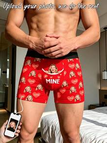 1件客製化人臉與「MINE」印花男士四角內褲，個性化照片內褲，趣味「女友財產」惡搞禮物送給他 - 紅色 - 查看 4