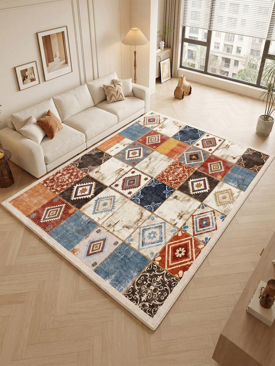 1 pieza Alfombra de sala de estar con patchwork multicolor, adecuada para cocina, comedor, dormitorio, decoración de habitación festiva, interior/exterior, oficina, vestíbulo, felpudo antideslizante, alfombra de baño, pasillo, área de estudio y juegos
