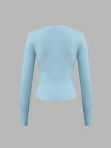 Áo khoác cardigan dệt kim dài tay cổ tròn màu xanh nhạt ôm eo dành cho nữ, kiểu dáng thường ngày, thích hợp cho kỳ nghỉ xuân/thu. - màu xanh nhạt - Xem 3
