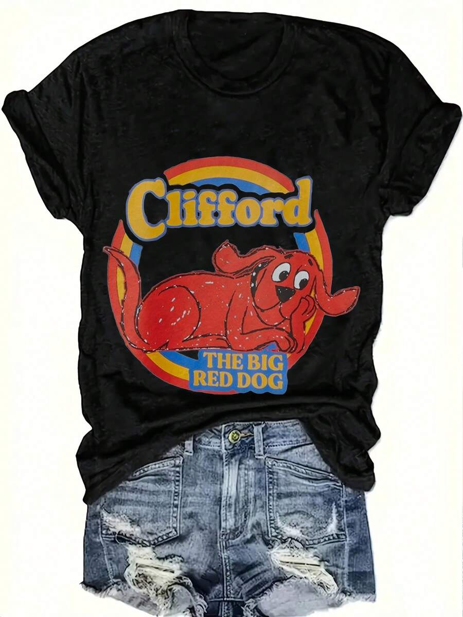 Women's T-Shirts 100% Cotton 2026 Clifford The Big Red Dog Graphic T-Shirt - Casual Short Sleeve Crew Neck T-Shirt, Soft And Comfortable Fit, Grey With - 黑色 - 查看 1