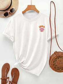 Women's 100% Cotton T-Shirts 2026 [Double-Sided Print] Casual Spring Summer Women's T-Shirt, Round Neck, Short Sleeve, Orange "IBIZA" Lettering With Y2K Eye Pattern - 白色 - 查看 3