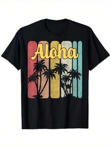 Unisex T-shirt i ren bomull, Hawaiiskjorta för män - 100% bomull, tropisk T-shirt med livfullt tryck av palmträd och hibiskus, lätt elastisk rundhals, normal passform, korta ärmar, storlekar S-XXXL, maskintvättbar, Hawaiiansk surfstil för strandsemester och vardagsbruk - Hawaiiskjorta för män med retroinspirerade färgblocksränder i rött, gult, grönt, blått och brunt, perfekt för sommaren och alla årstider, sommar-T-shirt, blus, basplagg, topp, kreativ design, utomhuslek, cool stil, rolig design, perfekt för utomhuslek. - Svart - Visa 1