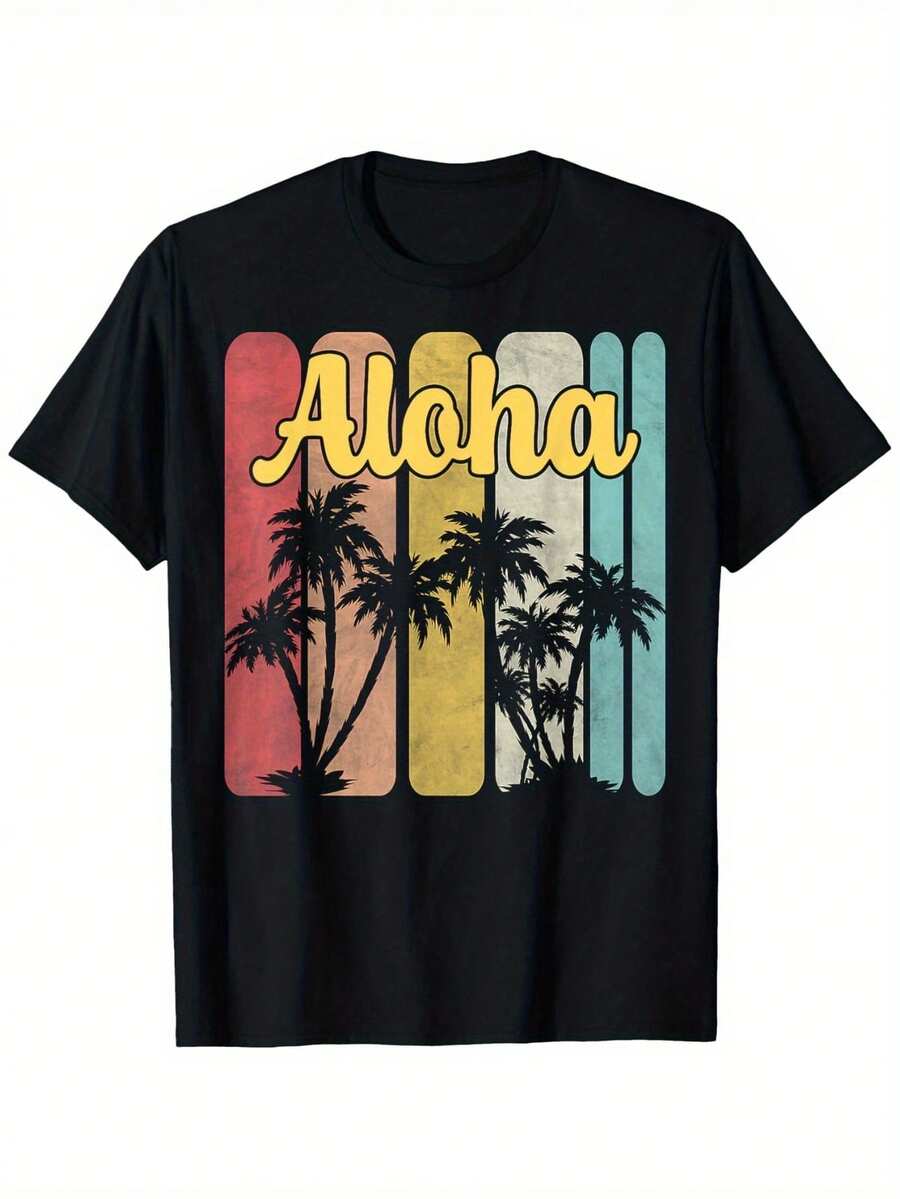 Unisex T-shirt i ren bomull, Hawaiiskjorta för män - 100% bomull, tropisk T-shirt med livfullt tryck av palmträd och hibiskus, lätt elastisk rundhals, normal passform, korta ärmar, storlekar S-XXXL, maskintvättbar, Hawaiiansk surfstil för strandsemester och vardagsbruk - Hawaiiskjorta för män med retroinspirerade färgblocksränder i rött, gult, grönt, blått och brunt, perfekt för sommaren och alla årstider, sommar-T-shirt, blus, basplagg, topp, kreativ design, utomhuslek, cool stil, rolig design, perfekt för utomhuslek. - Svart - Visa 1
