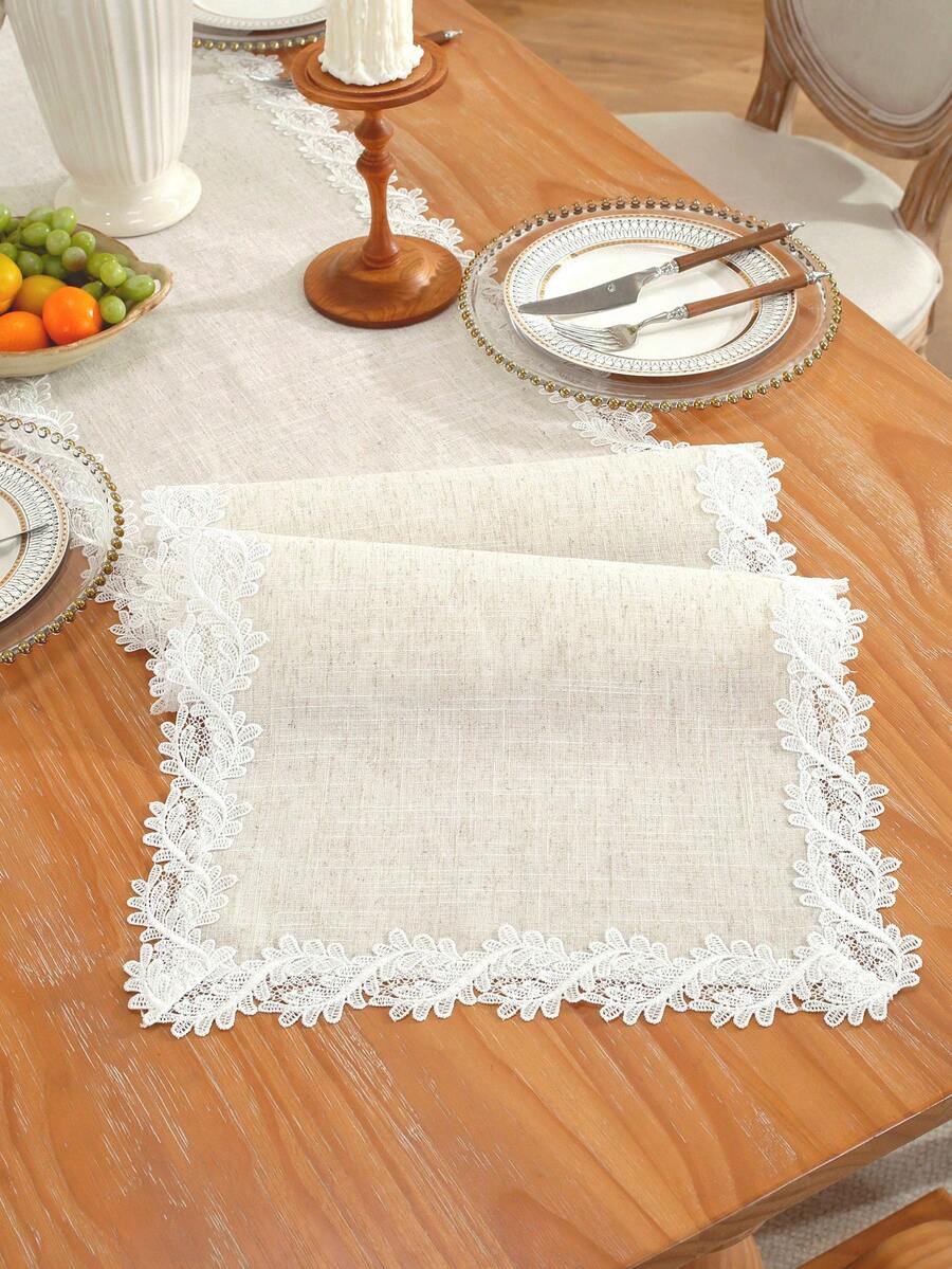 100% Polyester Natural Beige Textured Table Runner With Double Side Daisy Floral Hollow Scalloped Lace Border, Minimalist Farmhouse Decor Table Scarf, Solid Neutral Tone Table Flag For Dining Table Tea Table Kitchen Wedding Home Decor