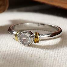 Bicolor Zirconia Inlaid Ring, Minimalist & Elegant, Professional Commuter Accessory - Silver - View 7