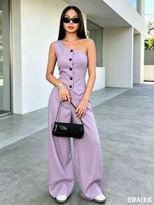 2-Piece Women's Minimalist Casual Striped Brown Asymmetrical Shoulder Set For Autumn And Winter - 紫丁香色 - View 2