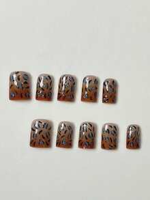 10 Handmade Short Pieces False Nails, Caramel Amber Leopard Print, Blue Gray Gradient, Seasonal White, Handmade Patch Handmade Press On Nails - 咖啡棕 - 查看 3