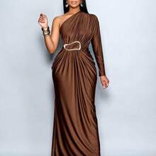 jianchaimaoyi02  Vestido ajustado de manga larga con cuello asimétrico y decoración metálica para mujer, vestido maxi para mujer para vacaciones, bodas, graduaciones, bailes de graduación, fiestas navideñas, citas de San Valentín y talla grande - Café integral - Ver 7