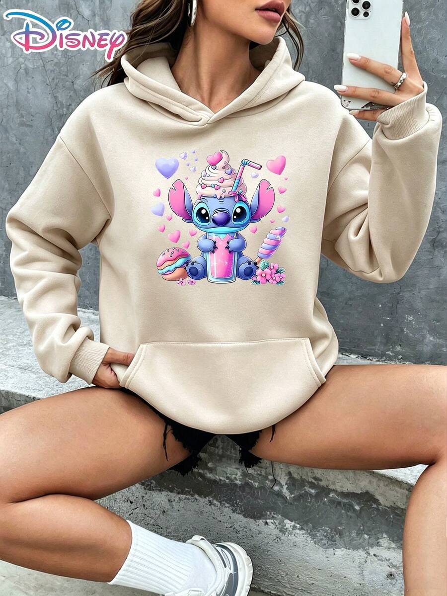 Disney Stitch Cute Sweet Style Ice Cream Donut Milkshake Flower Heart Background Cartoon Graphic Pullover Hoodie Women's Casual Daily Wear Long Sleeve Soft Comfortable Loungewear Teen Girls Fashion Top Gift For Lilo & Stitch Fans It Is A Gift For Fans And Friends, And It Is Also A Perfect Gift Choice For Lovers, Relatives And Friends. - 杏色 - 查看 1