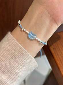 2pcs Ins Style Woven Hand Rope Pink & Blue Cat Pendant Bracelet, Gift For Couples And Besties - Light Pinkish Blue - View 6