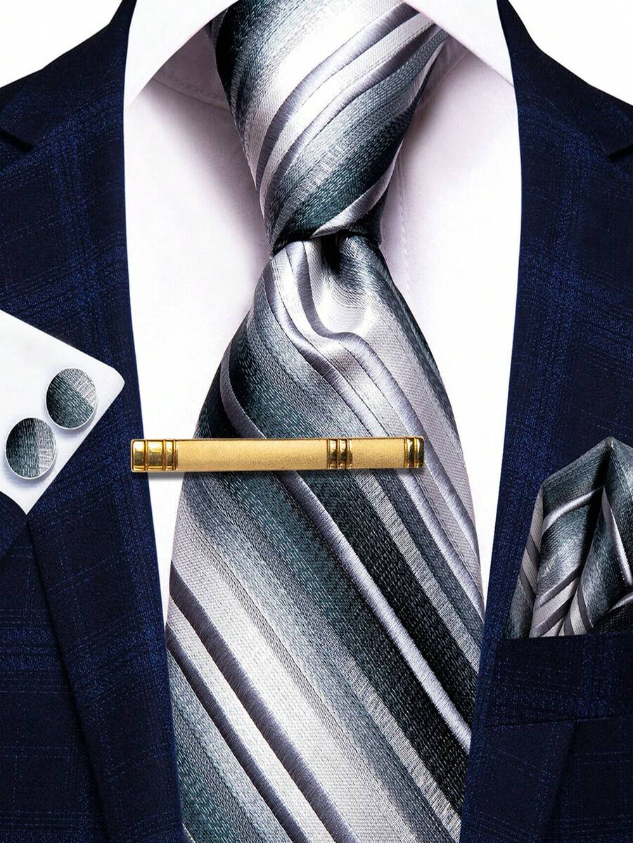 Army Green Gradient Striped Men Tie Pocket Square Cufflinks Tie Clip 4Pcs Set, Random Cufflink Pattern, Elegant Accessories For Wedding, Holiday & Party - Army Green - View 1