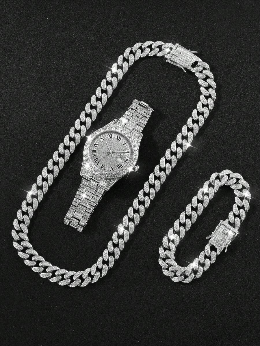 3pcs/Set Street Style Hip-Hop Cuban Necklace And Bracelet, Watch Set Quartz Strap Calendar Sports Holiday - Silver - View 1