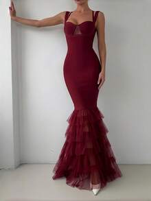 Vestido de tirantes finos con parches, malla y cola de pez - Burdeos - Ver 1