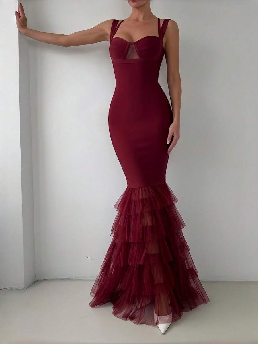 Vestido de tirantes finos con parches, malla y cola de pez - Burdeos - Ver 1