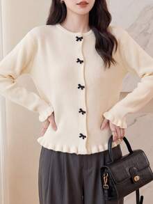 JIANHU Beige Schleife Strick Cardigan - Herbst/Winter Rüschen Saum Glockenärmel Pullover, akzentuiert in Schwarz | Weihnachtsmarkt und Silvester Party - Weiss - Übersicht 2