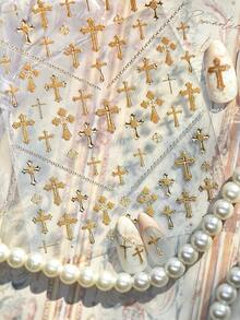 Adesivi per unghie 5D in rilievo lussuosi con croce e catena, glitter dorati, stile religioso, Dark Academia/Barocco vintage/Moda subculturale, decalcomanie autoadesive per unghie, arte di unghie fai-da-te per uso quotidiano, feste, salone di bellezza, 1 foglio - Dorato - Visualizzare 4