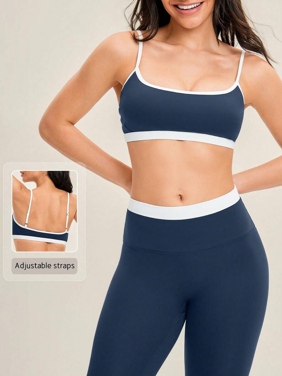 NcmRyu Women's Contrast Color Adjustable Strap Backless Bra And Tight Pants Sports Suit, 1 Set - Blue - View 1
