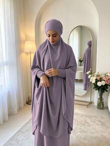 紋理縮褶彈性袖口 Khimar Abaya 兩件套，寬鬆大袖端莊 長洋裝，穆斯林女性休閒伊斯蘭禮拜服飾 - 彩色 - 查看 3