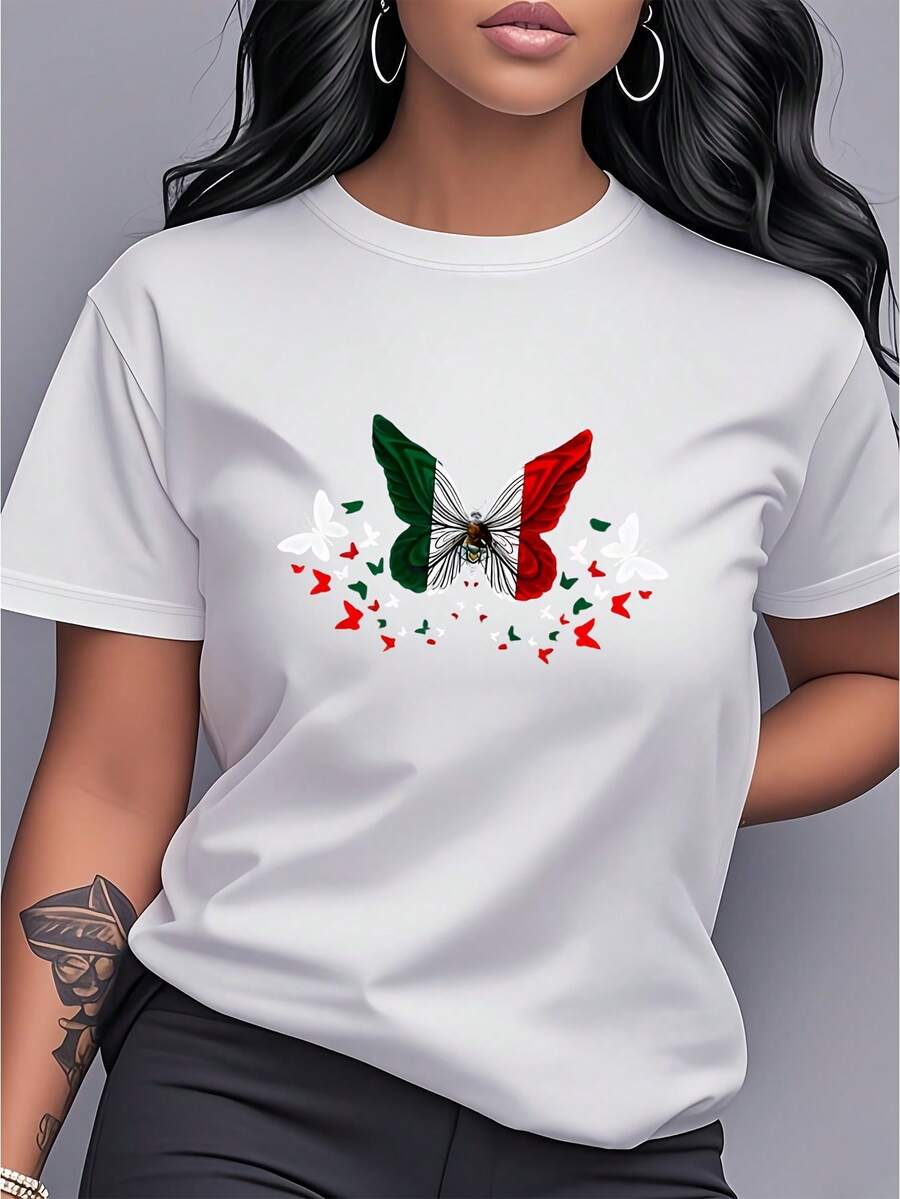 Elegant Daily Outfits: 1 Piece Of T-Shirt With Butterfly And Mexican Flag Print, Short Sleeve, Round Neck, Women's Clothing, Fashionable, Versatile, Casual For Everyday Wear, Gift For Girlfriend, Loose Summer Clothing For Women. - 白色 - 查看 1