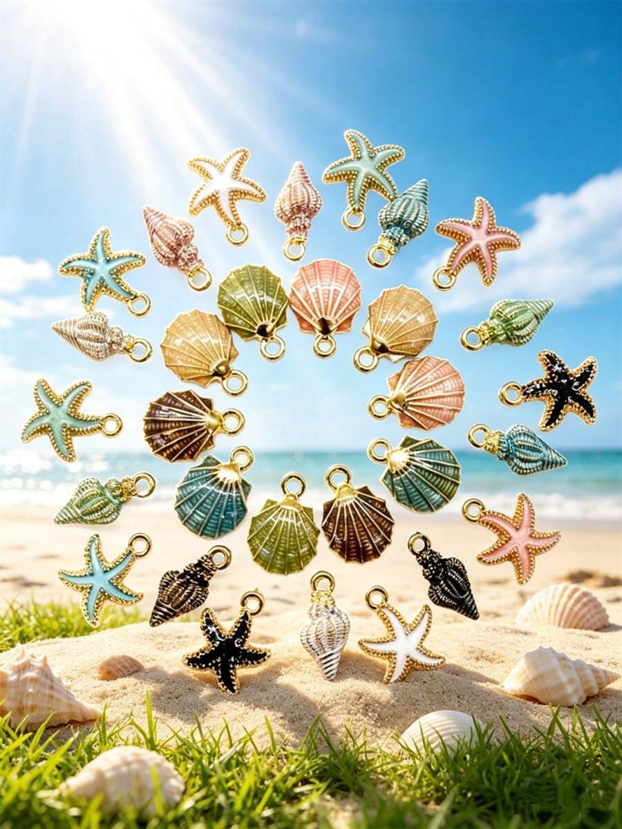 10/20/30/50/100个锌合金珐琅海洋海星和贝壳吊坠 - DIY珠宝制作吊坠 - 海洋系列混款 - 查看 1