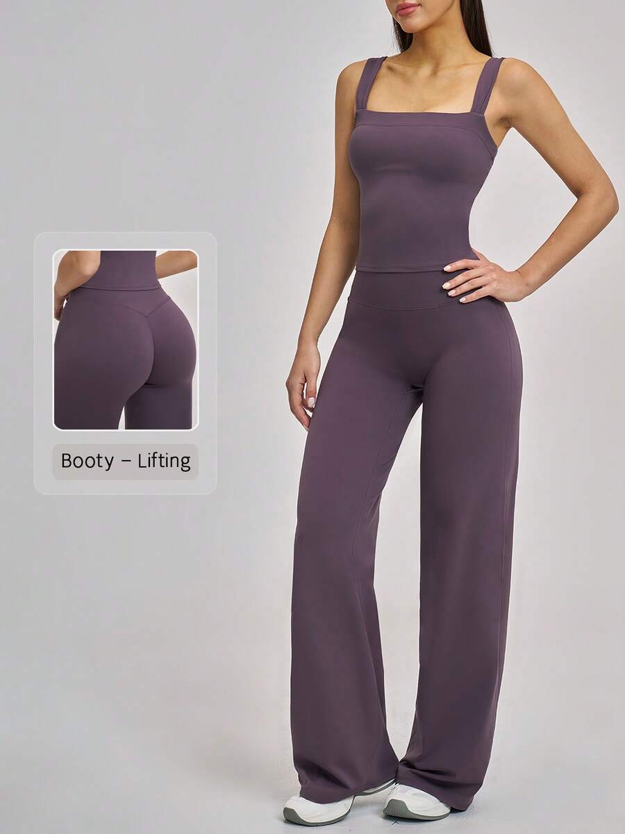 NcmRyu 1 Set Women's Fitted Solid Color Camisole & Wide Leg Pants Sports Suit - Purple - View 1