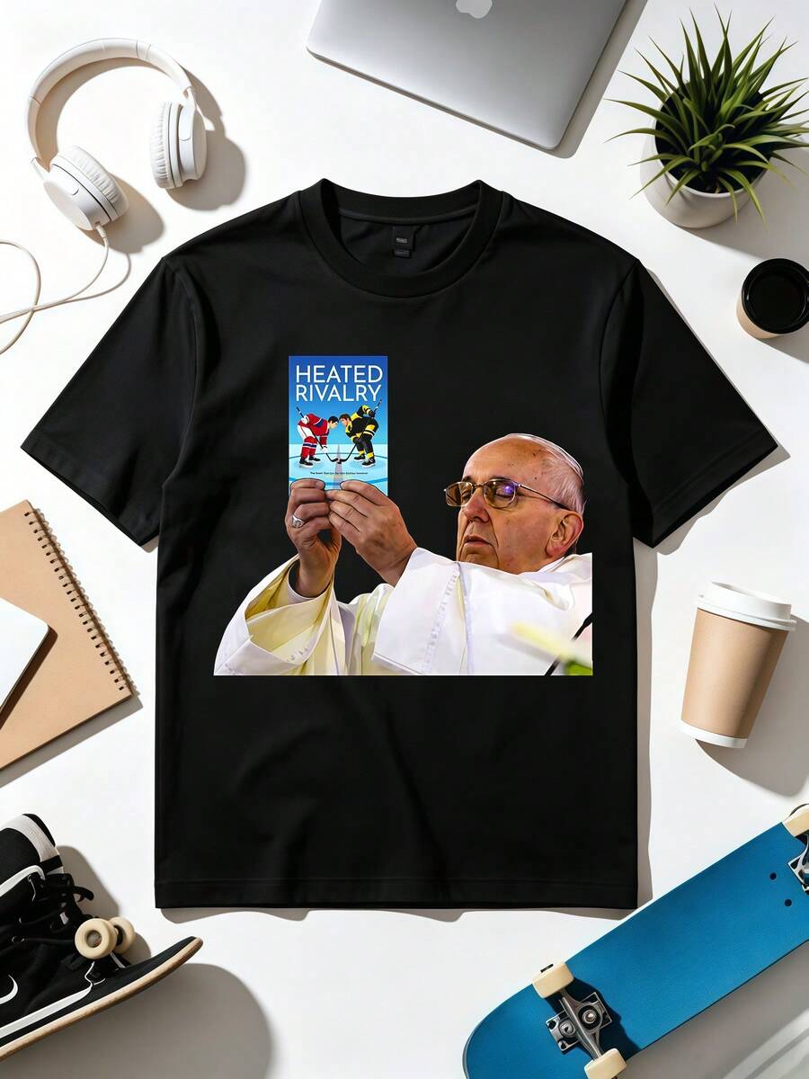 Pope Holding Heated Rivalry Booktok-GAY LOVE T-Shirt. Soft Fabric, Loose-Fitting, Everyday Casual T-Shirt. - Black - View 1