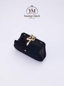 1pc Velvet Box Elegant Clutch Bag, Shiny Metal Decor Evening Bag, Suitable For Formal Dress, Party, Wedding Bride Wallet, Crossbody - Black - View 4