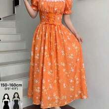 xuehuamaoyi02  PETITE Vestido maxi elegante de vacaciones con cuello de volantes, mangas de pétalos, cintura con lazo y estampado de parches florales románticos en rosa - Naranja - Ver 1