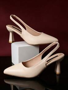 1 Pair Beige Teen Spring/Summer Pointed Toe Slingback Commuter Sandals, Matte PU Material + Elastic Back Strap Design, Gold Heel Decor Chunky Heel Design, Versatile High Heels, Suitable For Workplace / / Daily Scenes, 2026 New Women's Shoes - Beige - View 4
