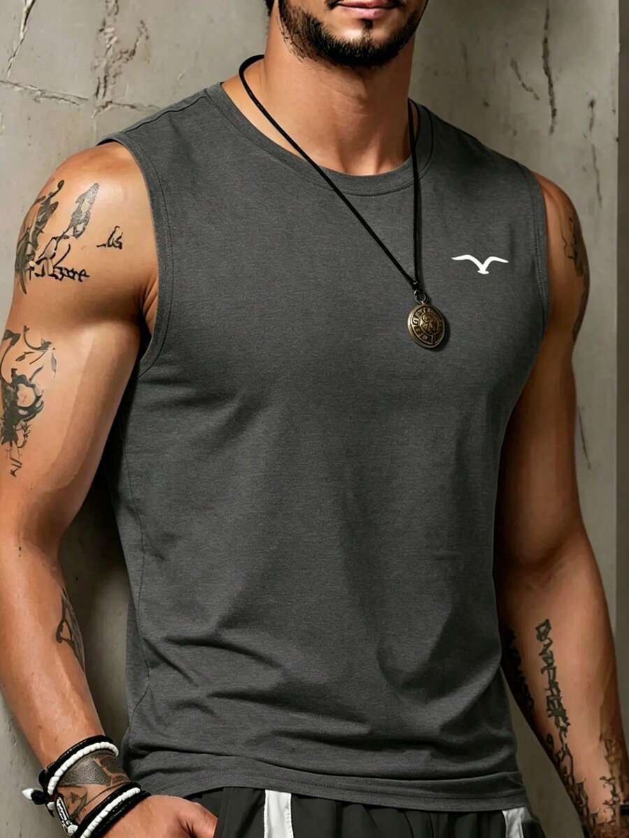 Men's Summer Casual Seagull Print Round Neck Tank Top - Dark Grey - View 1