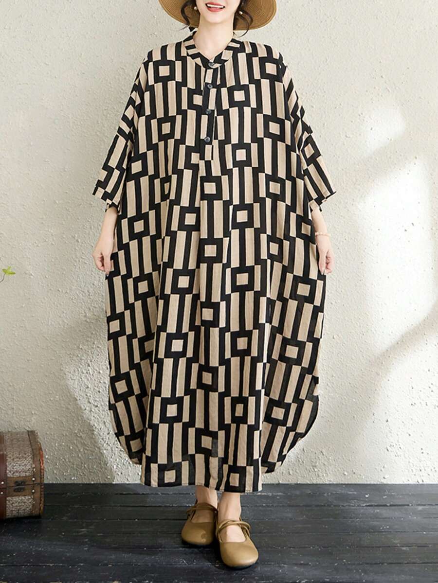 AZAH 萬聖節優雅舞會夏季女款休閒度假波西米亞風圖案掛脖中長洋裝襯衫裙,薄款修身顯瘦 - 黑色 - 查看 1