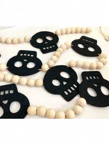 Halloween Skull Wooden Bead String, Banner With Skull, Halloween Hanging Skull Banner Ornament, Spooky Party Decoration, Halloween Fireplace Hanging Decoration, Perfect For Home Decor And Holiday Party Decorations - Multicolor - View 6