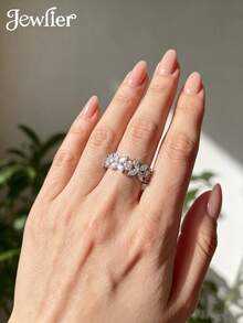 1 chiếc nhẫn bạc 925 Sterling Silver tối giản hình cỏ bốn lá đính đá Zirconia, món quà trang sức thanh lịch dành cho phụ nữ, thích hợp để đeo khi hẹn hò. - Cỏ bốn lá đơn giản - Xem 4
