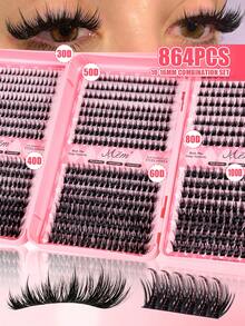 MEM 640pcs 9-16mm D Curl 30D-50D Cluster False Eyelashes Set, Soft Beginner DIY Kit With Glue And Sealer, Suitable For Daily, Travel, Date, Wedding And Party Makeup, Great Holiday Gift For Halloween And Christmas - 黑色 - 查看 20