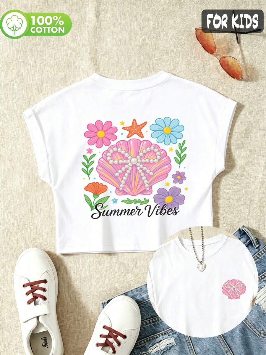 Maglietta a maniche corte in cotone per ragazze pre-adolescenti, estate/autunno, con stampa ispirata alle vacanze, stile carino e dolce, femminile e preppy - Bianco - Visualizzare 1