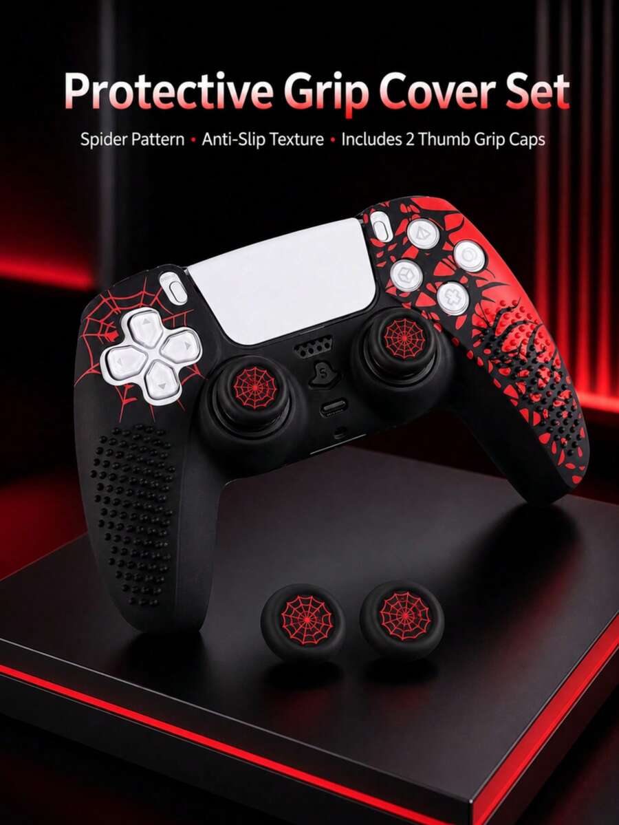 PlayStation 5 手柄保护套套装 - 红色蜘蛛网图案,防滑硅胶保护套 + 加高摇杆帽,可单独购买或成套购买,增强握持感,防汗、防尘、防刮擦,提升游戏体验,PlayStation 5 玩家的理想礼物,2026 年圣诞节/新年礼物,节日促销/圣诞特别版,儿童/家庭礼物,年末礼物 - 彩色 - 查看 1
