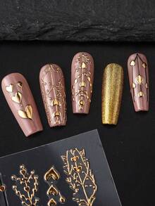3D金箔心形美甲貼紙，金屬金心形設計，亮面自黏美甲貼花，情人節裝飾美甲用品 - 金色 - 查看 6