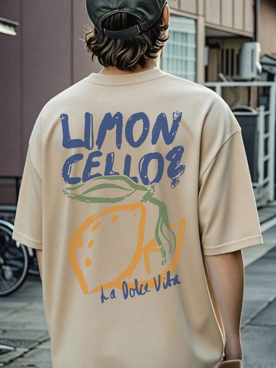 Vintage Lemon Liquor Graphic Print Crew Neck Short Sleeve Casual T-Shirt For Men, Summer Tops. - 白色 - 查看 1