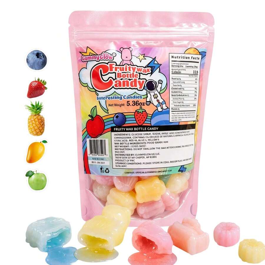 Gummy Glow 5.36oz Assorted Shapes Wax Candy, 25Pcs,Strawberry Lemon Blueberry Apple Pineapple Flavors, Retro Nostalgic Snack, Perfect For 4th Of July, Football Game & Movie Night Party Treats - 5.36oz - View 1